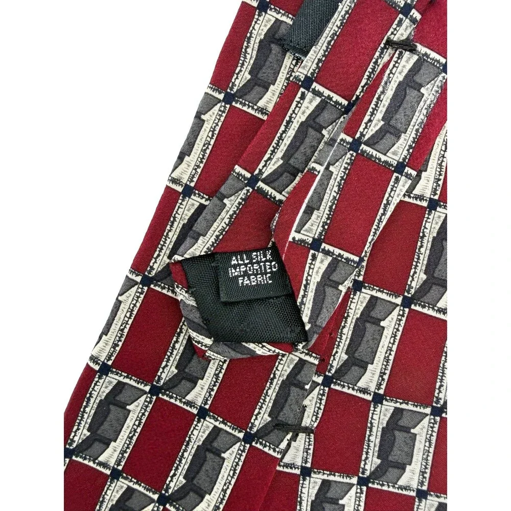 Kenneth Cole New York Silk Tie Burgundy Red Gray Geometric Abstract Vintage
